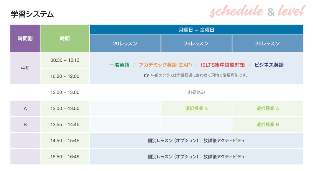 VanWest　語学学校スケジュール